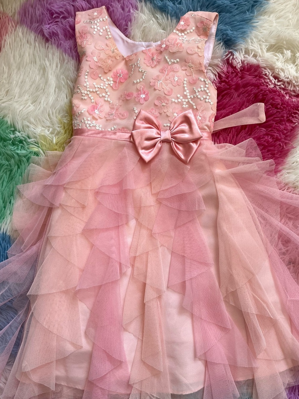 Girls Pink Floral Bow Tulle Party Dress Size 4